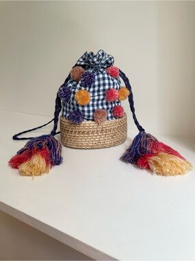 🎭 Cleobella Eloise Navy Gingham Pom-Pom Drawstring Bucket Basket Bag